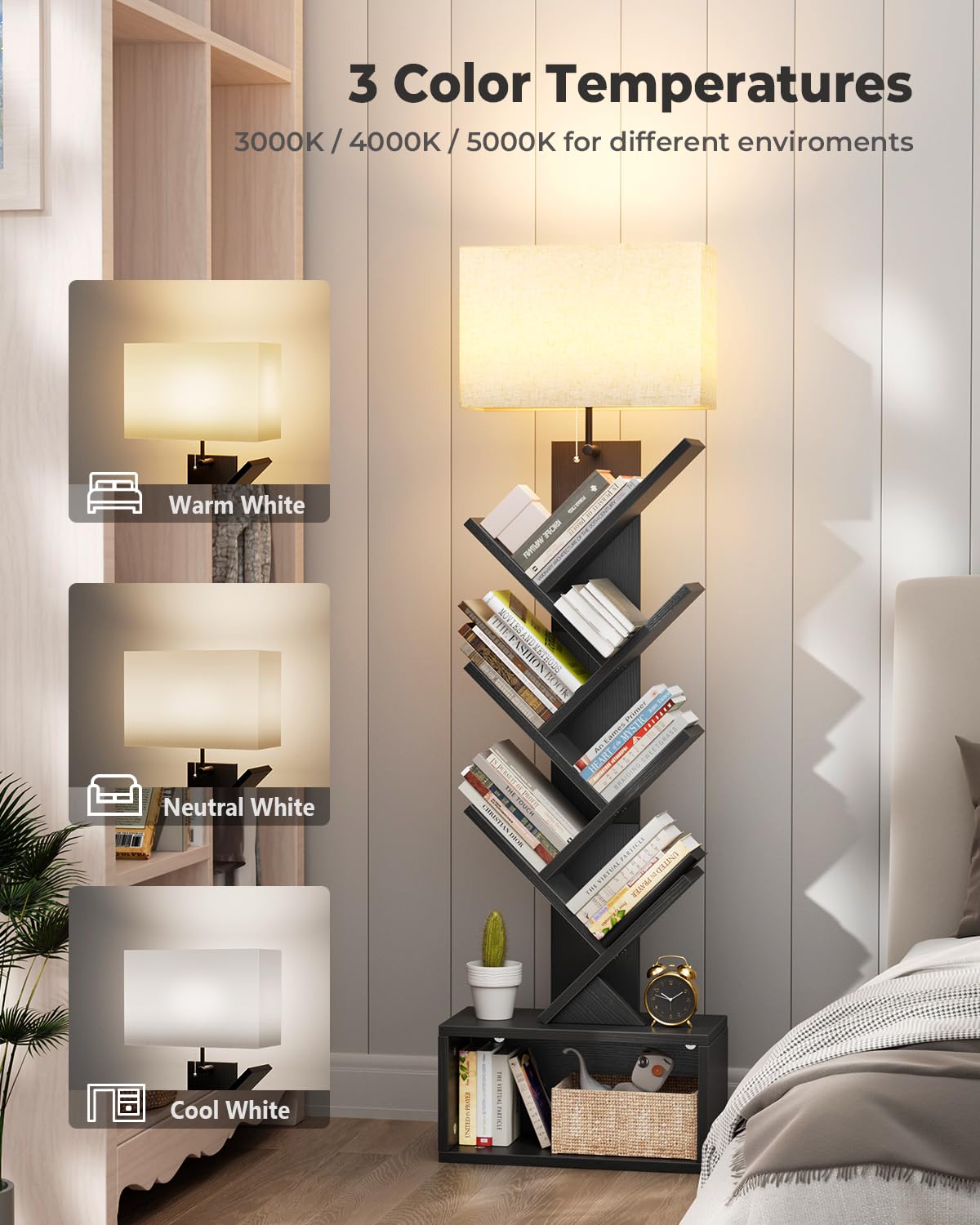 Evermagin 6 Tier Tree Bookshelf with Light, Small Bookcase Tower for Books/CDs/Movies, Sturdy Tall Floor Standing Book Organizer with Storage Cabinet for Living Room, Bedroom and Home Office (Black) Evermagin