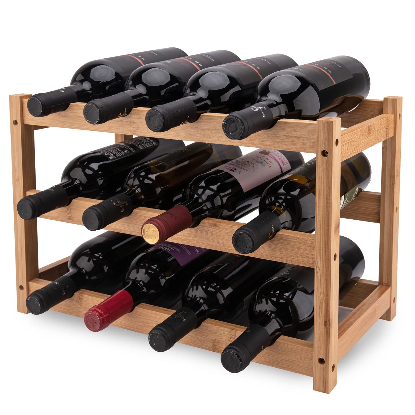 12 Bottle Bamboo Wine Rack Countertop,3-Tier Wine Rack Shelf Insert for Cabinet,Wine Bottle Storage Shelf, Freestanding Wine Rack Bottles Stand Holder Organizer