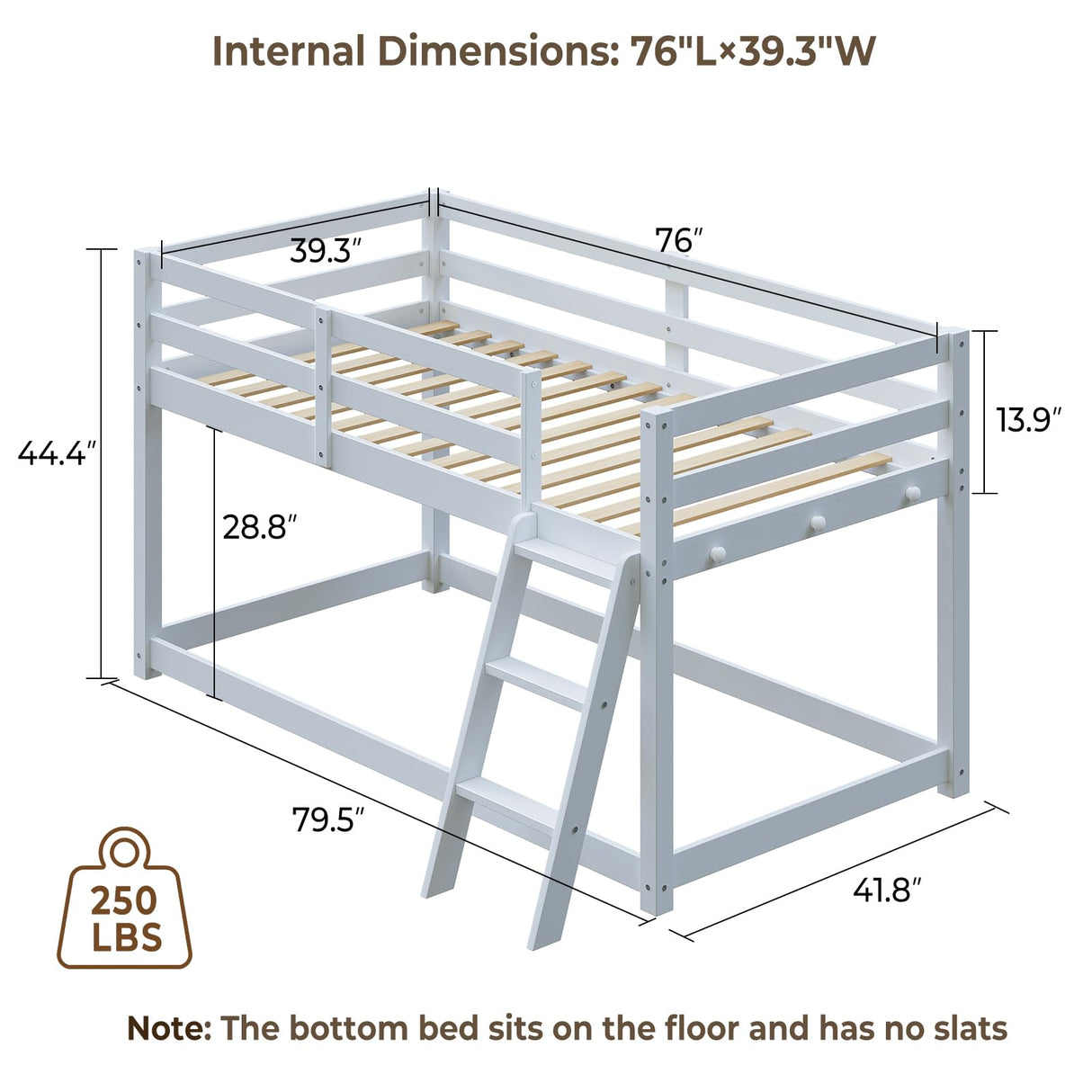 Vantic Low Bunk Bed with Guardrail and LED Light, Floor Toddler Bunk Bed Twin Over Twin with Wide Stairs, Convertible Soild Wooden Loft Bed for Kids with 6 Hooks, Space-Saving, White Vantic