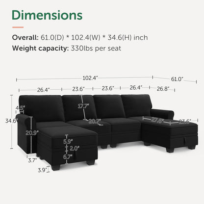 HONBAY Sectional Sofa with Storage Seat Velvet U Shaped Sectional Couch with Reversible Chaise Convertible Sectional Couches for Living Room,Black Velvet