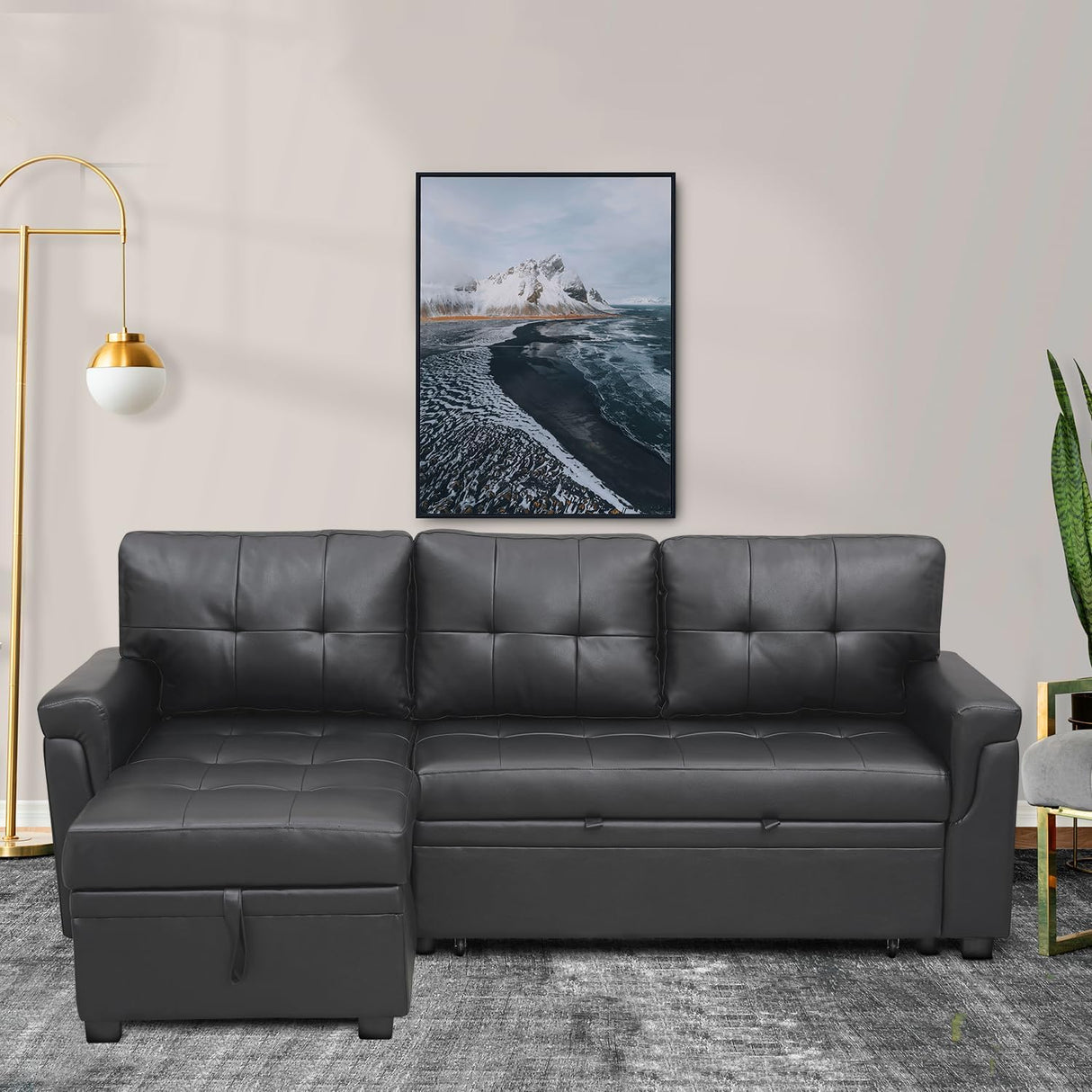 Naomi Home Transform Any Space: Sleeper Sectional Sofa with Convertible Sofa Bed & Inviting Chaise. Find Tranquil Comfort with Stress-Relieving Design & Durable Cushions - Black/Air Leather Naomi Home