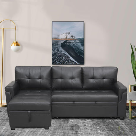 Naomi Home Transform Any Space: Sleeper Sectional Sofa with Convertible Sofa Bed & Inviting Chaise. Find Tranquil Comfort with Stress-Relieving Design & Durable Cushions - Black/Air Leather Naomi Home