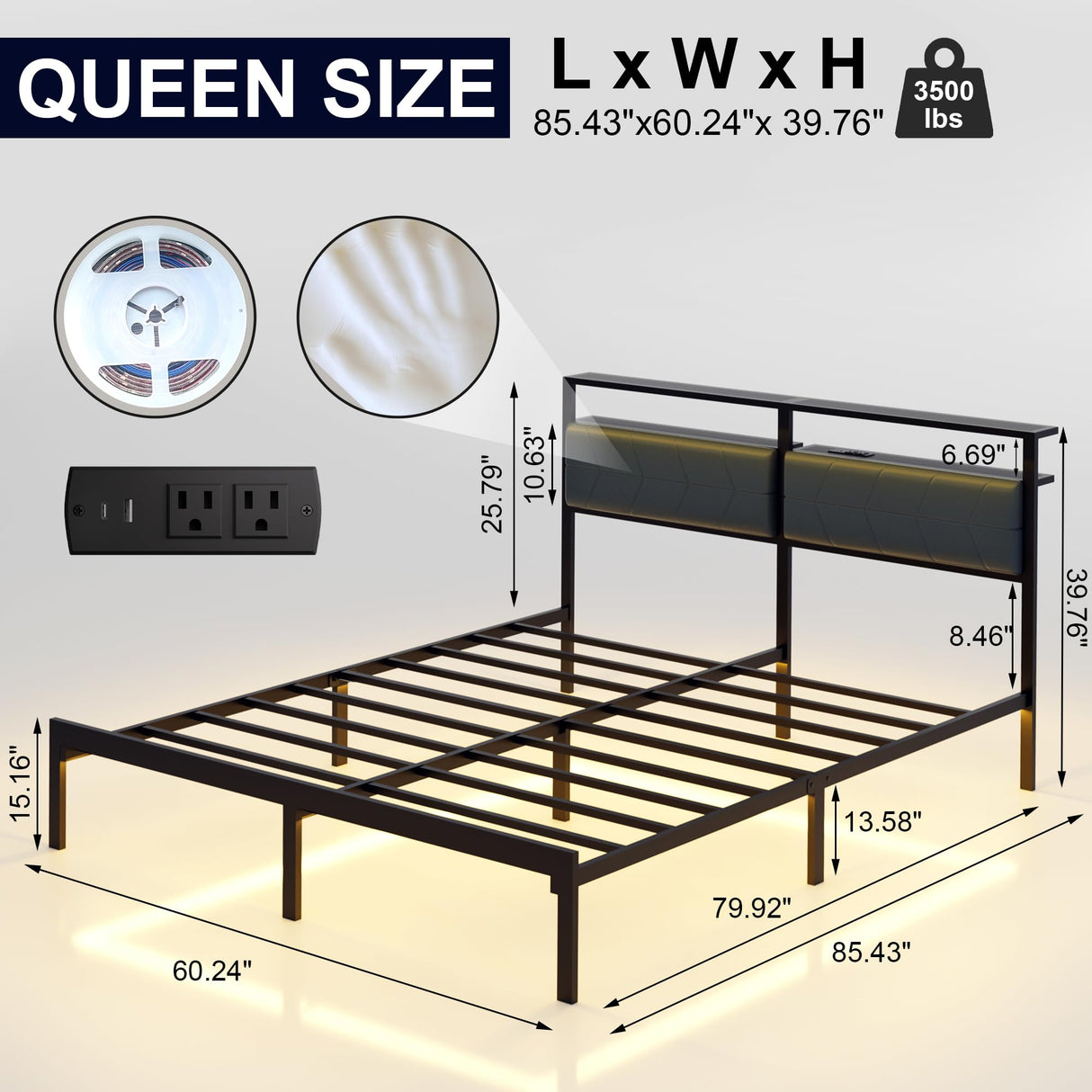 J.Fkne Queen Bed Frame with LED Lights & Charging Station, Metal Platform Bed Frame with 2 Tier Storage Headboard, Under Bed Storage, No Box Spring Needed, Noise Free, Easy Assembly J.Fkne