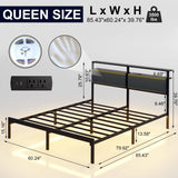 J.Fkne Queen Bed Frame with LED Lights & Charging Station, Metal Platform Bed Frame with 2 Tier Storage Headboard, Under Bed Storage, No Box Spring Needed, Noise Free, Easy Assembly J.Fkne