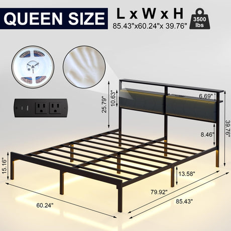 J.Fkne Queen Bed Frame with LED Lights & Charging Station, Metal Platform Bed Frame with 2 Tier Storage Headboard, Under Bed Storage, No Box Spring Needed, Noise Free, Easy Assembly J.Fkne