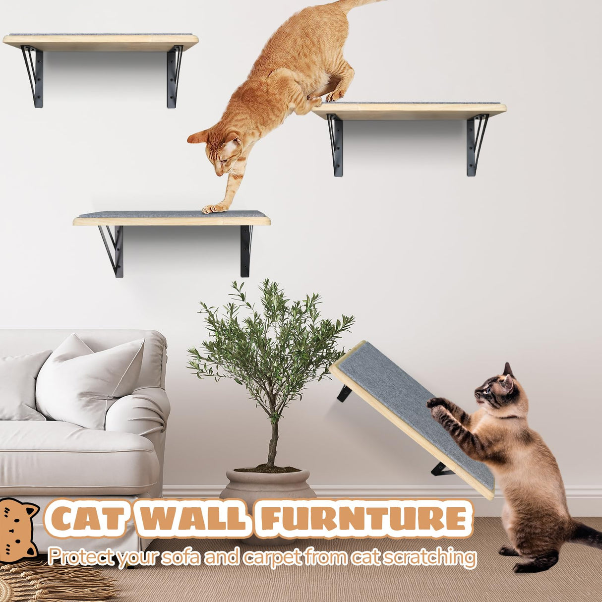 Cat Wall Shelves Set of 2, Wood Cat Shelves for Wall, Cat Wall Bed Hammock with Scratching Pad, Cat Climbing Shelf for Sleeping Playing, Cat Window Perch for Big Cats, Burlywood Cat Furniture Indoor GADKE