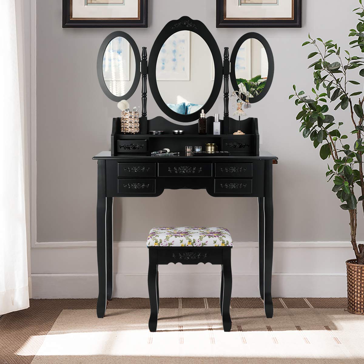 CHARMAID Vanity Set with Tri-Folding Mirror and Cushioned Stool, Dressing Table with 7 Drawers and a Shelf, Makeup Table Writing Desk with Removable Top, Makeup Vanity Set for Women Girls (Black)