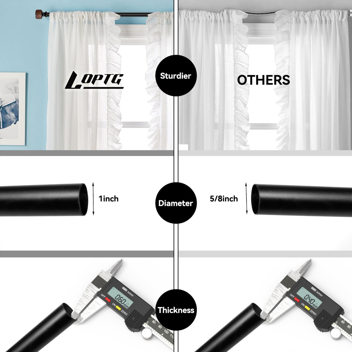 LOPTG Curtain Rods for Windows 38 to 112 Inch, 1 Inch Diameter Modern Adjustable Decorative Drapery Rods, Window Curtain Rod with Imitation Wood Grain Finials, Black, Size:36"-120" LOPTG