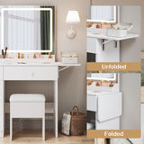 Haewon Makeup Vanity Desk with Mirror and Lights, White Vanity Table with Power Outlet and 3 Lighting Modes, Dressing Table Set with Cabinet Drawers Shelves and Storage Stool for Bedroom Haewon