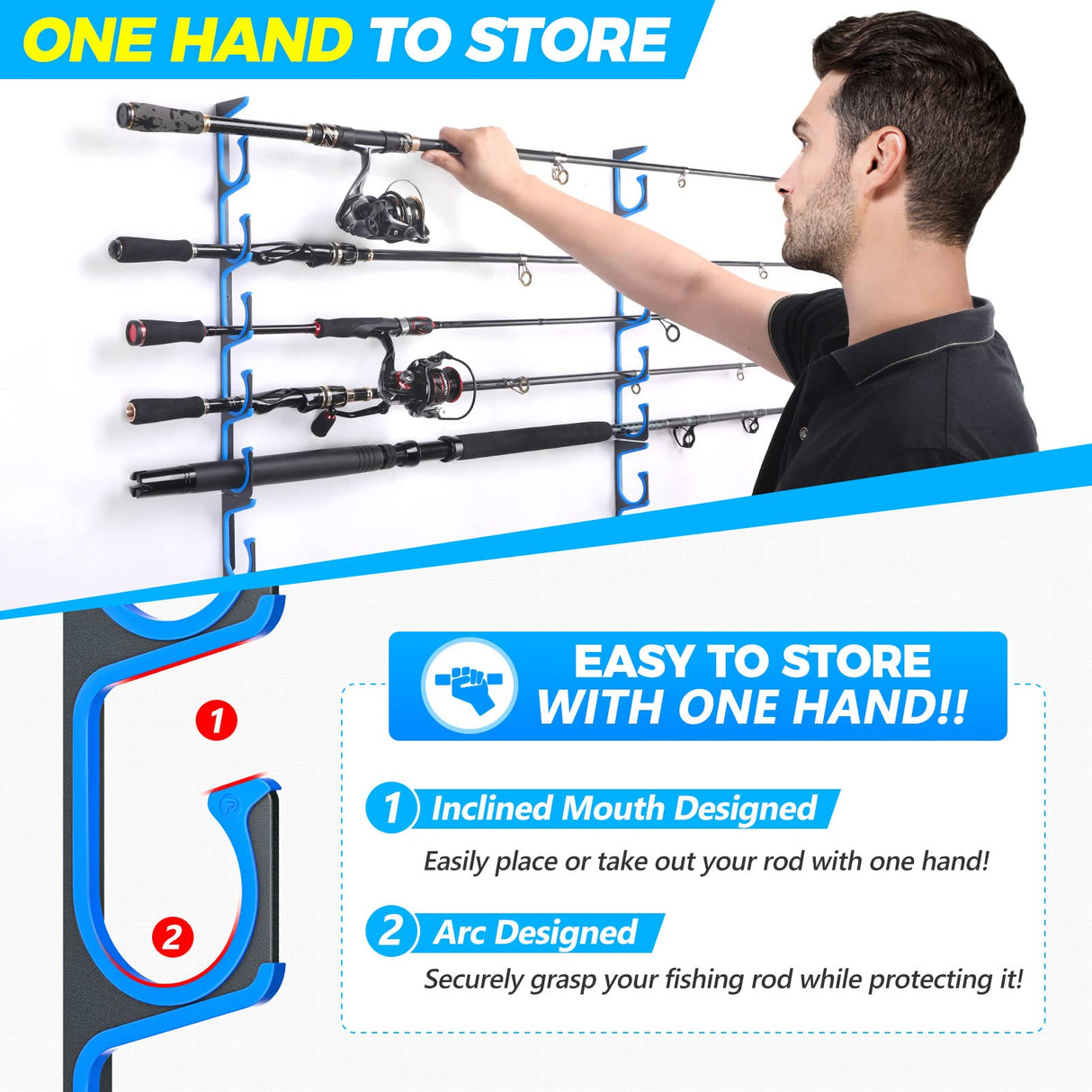 PLUSINNO H5 Horizontal Fishing Rod/Pole Holders for Garage, Wall or Ceiling Mounted Fishing Rod Rack, Aviation Aluminum Fishing Pole Holder Holds up to 10 Rod or Combos or Nets Storage Racks PLUSINNO