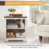 Barnyatoh Farmhouse End Table with Charging Station,24" Large Sofa Side Table with Barn Door, Rustic Wood Square Nightstand Bedside Table with Adjustable Shelf for Living Room, Bedroom,Antique White Barnyatoh