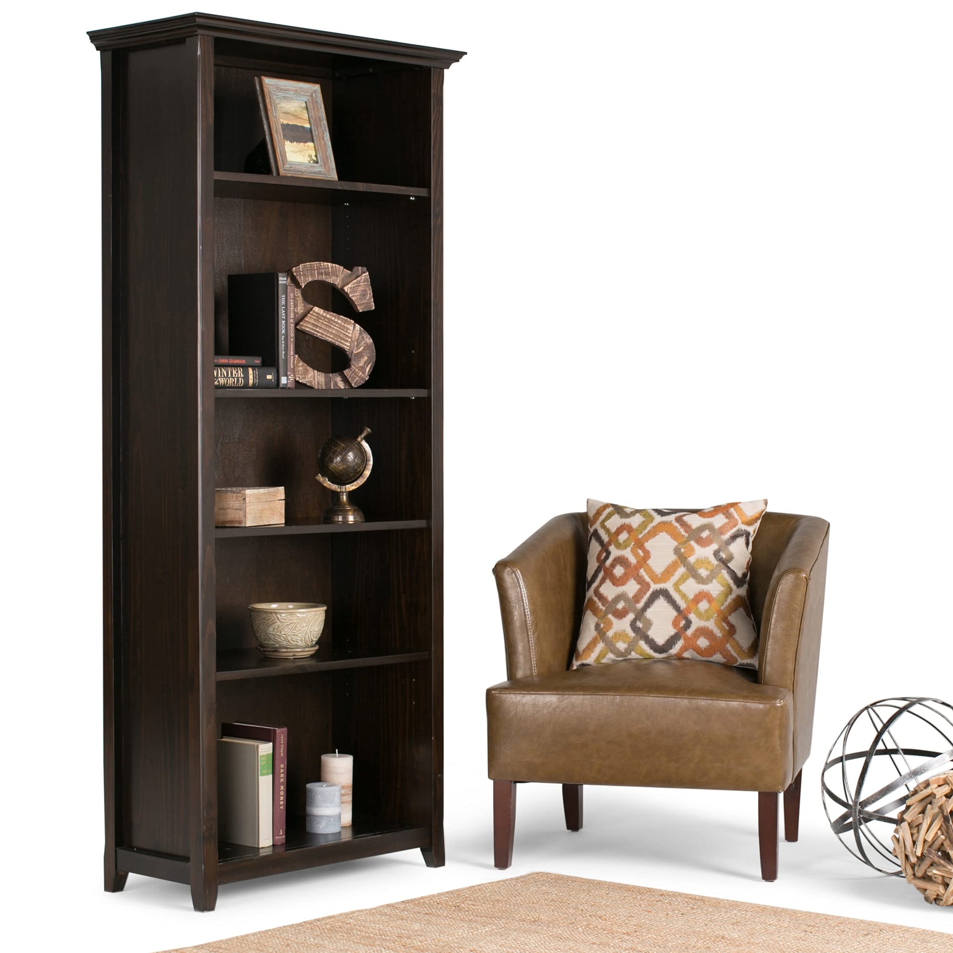 SIMPLIHOME Amherst SOLID WOOD 30 Inch Transitional 5 Shelf Bookcase in Hickory Brown, For the Living Room, Study Room and Office - WoodArtSupply