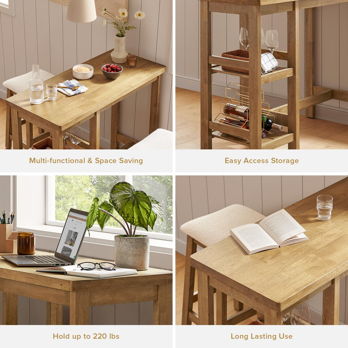 mopio Kelly Solid Wood Counter Table Set with 2 Boucle Stools, 3-Piece Dining Table Set for 2, Small Kitchen Island Table with Storage Shelves, for Living Room, Dining Room, Kitchen mopio