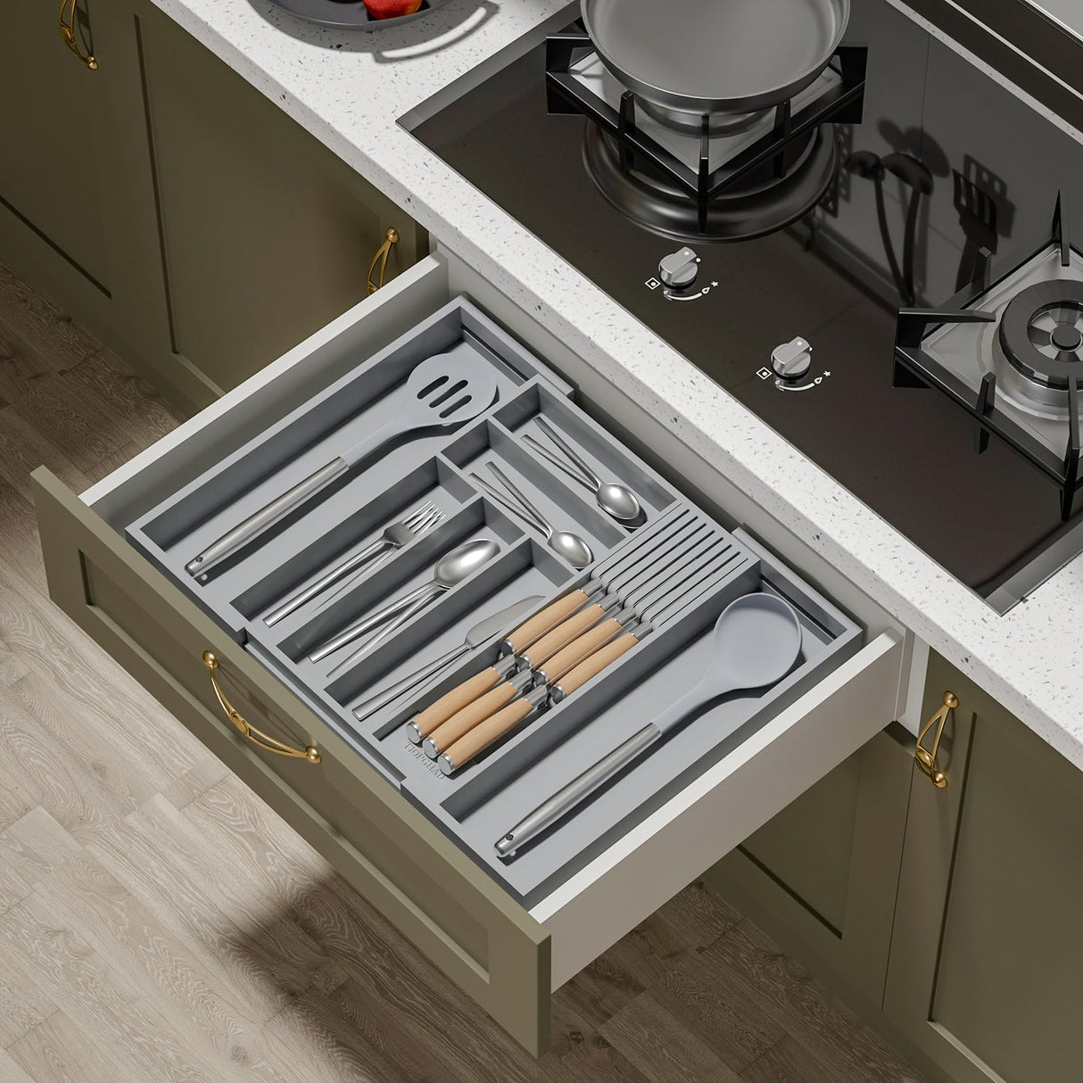 TIOPGHAD Bamboo-Silverware-Drawer-Organizer-Kitchen, Expandable Utensil Holder Cutlery Tray Flatware Organization Adjustable Wood Tableware Dividers Storage (with Removable Knife Block)(Grey) TIOPGHAD