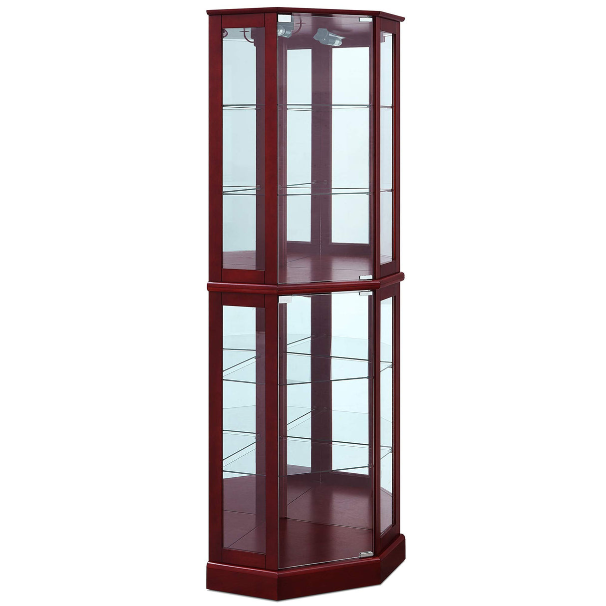 BELLEZE Lighted Corner Display Curio Cabinet Wooden Curved Shelving Unit with Tempered Glass Door, Bar and Liquor Storage Area with 6 Shelves - BELLEZE