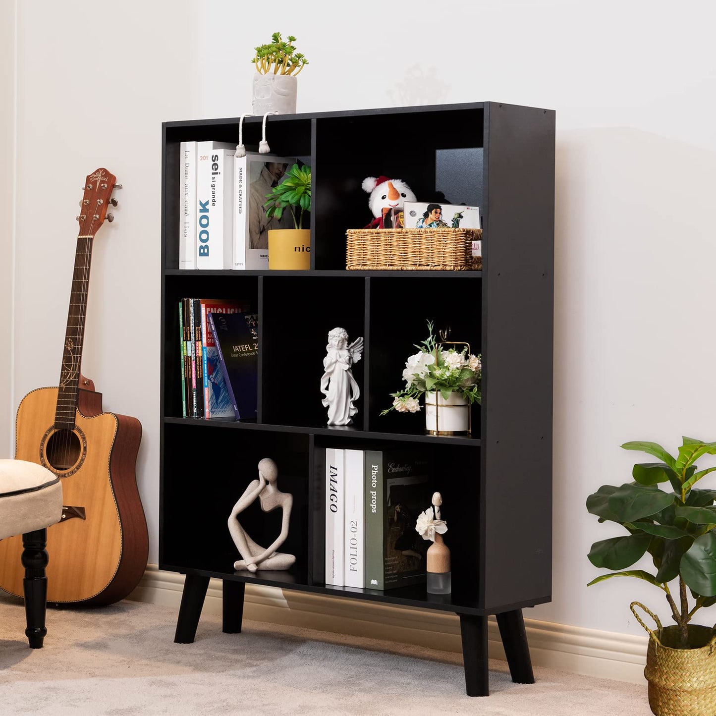 YAHARBO Elegant Black 3-Tier Modern Bookshelf with Legs – Stylish Wooden Cube Organizer - WoodArtSupply