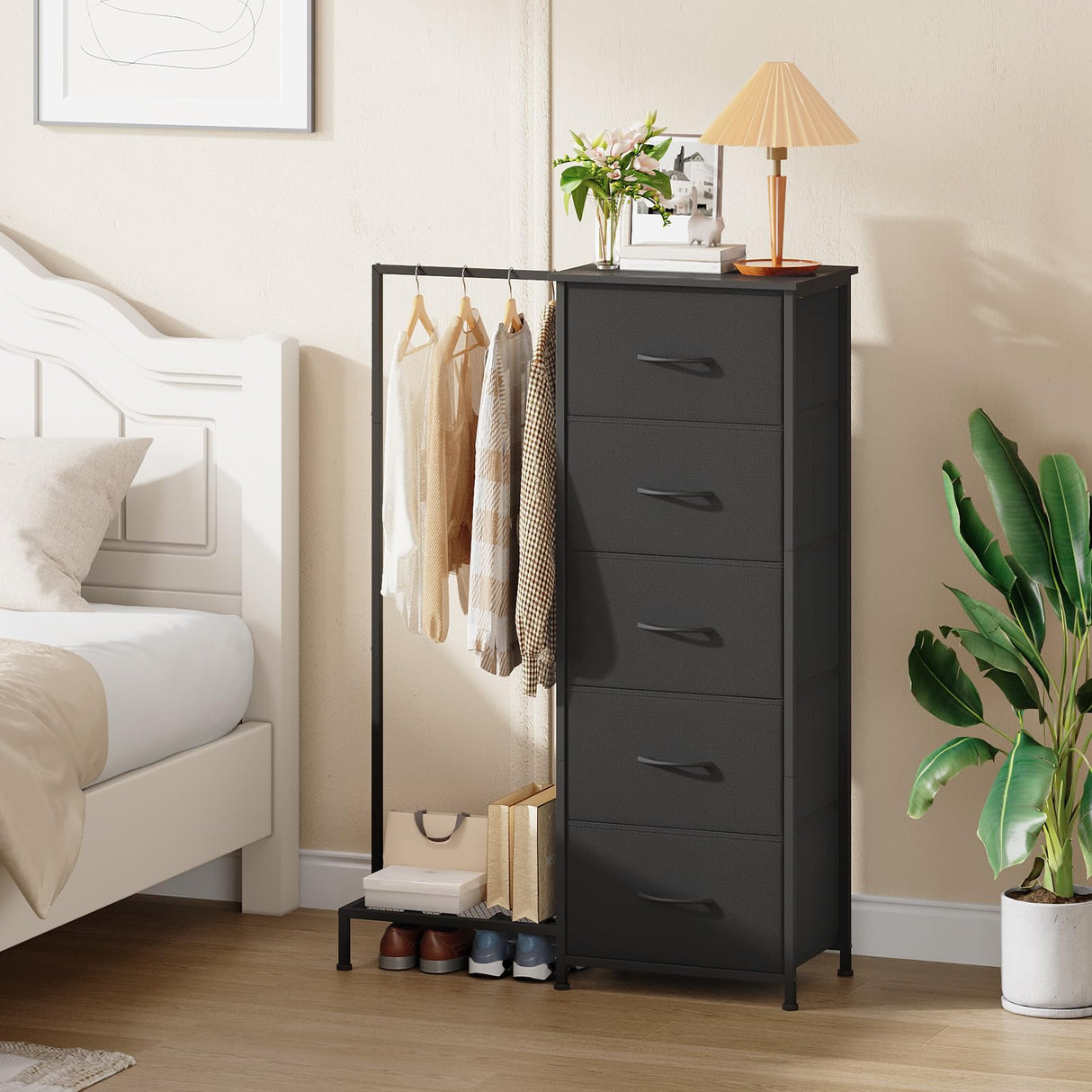 Somdot Dresser with Hanging Rack,5 Drawers Small Closet for Bedroom,Reversible Dresser with Clothes Rack,Kids Dressers for Bedroom Chest of Drawers,Tall Storage Tower,Black Somdot