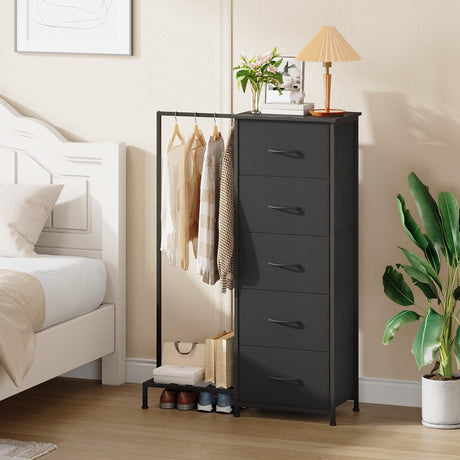 Somdot Dresser with Hanging Rack,5 Drawers Small Closet for Bedroom,Reversible Dresser with Clothes Rack,Kids Dressers for Bedroom Chest of Drawers,Tall Storage Tower,Black Somdot
