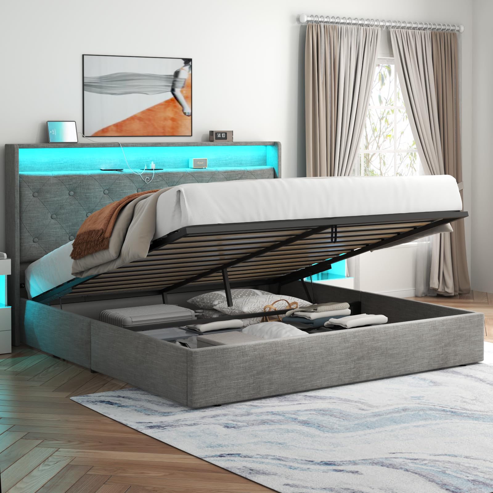 Loomie King Hydraulic Lift Bed Frame with LED Lighting & Charging Station in Light Grey - WoodArtSupply