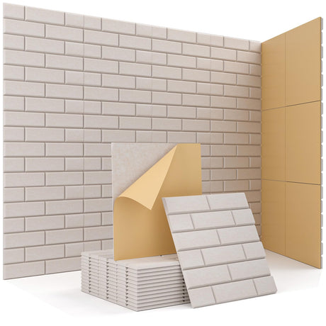 Soundproof Wall Panels, Kuchoow Sound Proof Panels for Walls, 12 Pack High Density Acoustic Panels Sound Absorbing Self-Adhesive, Acoustic Wall Panels for Walls Door Ceiling 12" X 12" X 0.4" Beige Kuchoow
