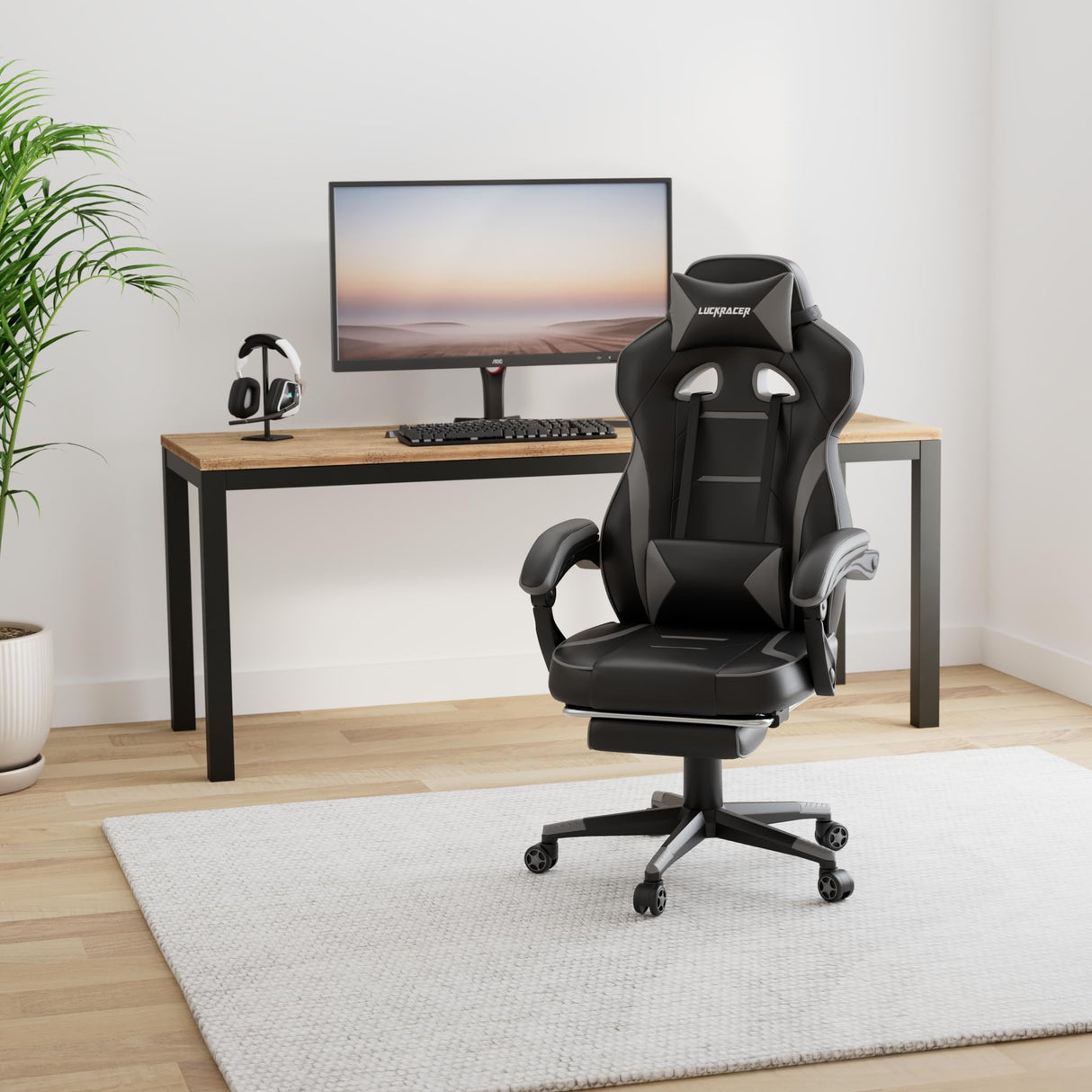 LUCKRACER Gaming Chair, Video Game Chairs Gaming Computer Chair with Footrest 350Lb Heavy Duty Gaming Chair Ergonomic Office Chair Lumbar Support for Adults, High Back, Swivel Seat, Recliner(Grey) LUCKRACER