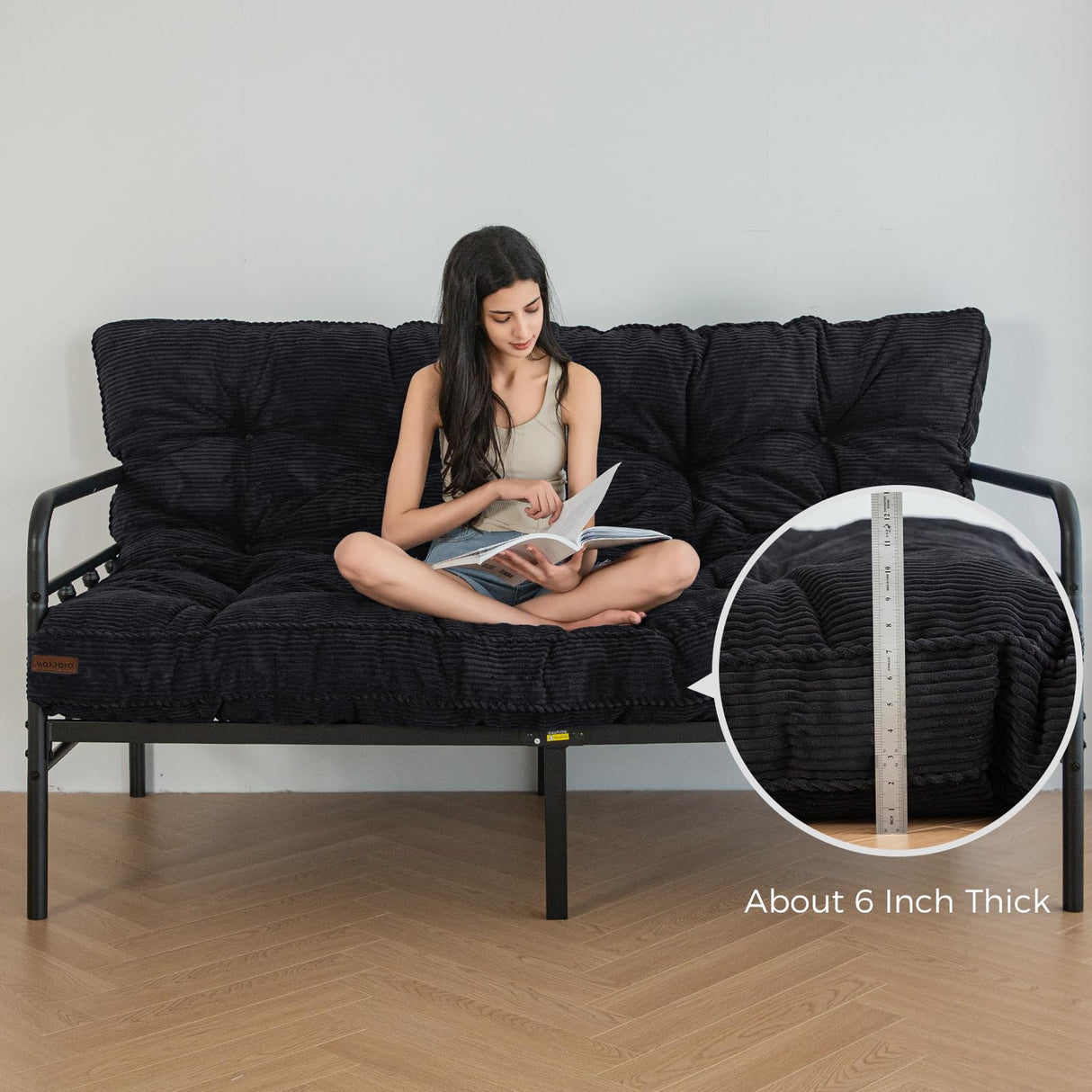 MAXYOYO 6" Futon Mattress Full Size, Tufted Futons Sofa Couch Bed with Twisted Rope Design Edging, Thick Corded Fabric Floor Mattress for Adults, Shredded Foam Filling (Frame Not Included), Black MAXYOYO