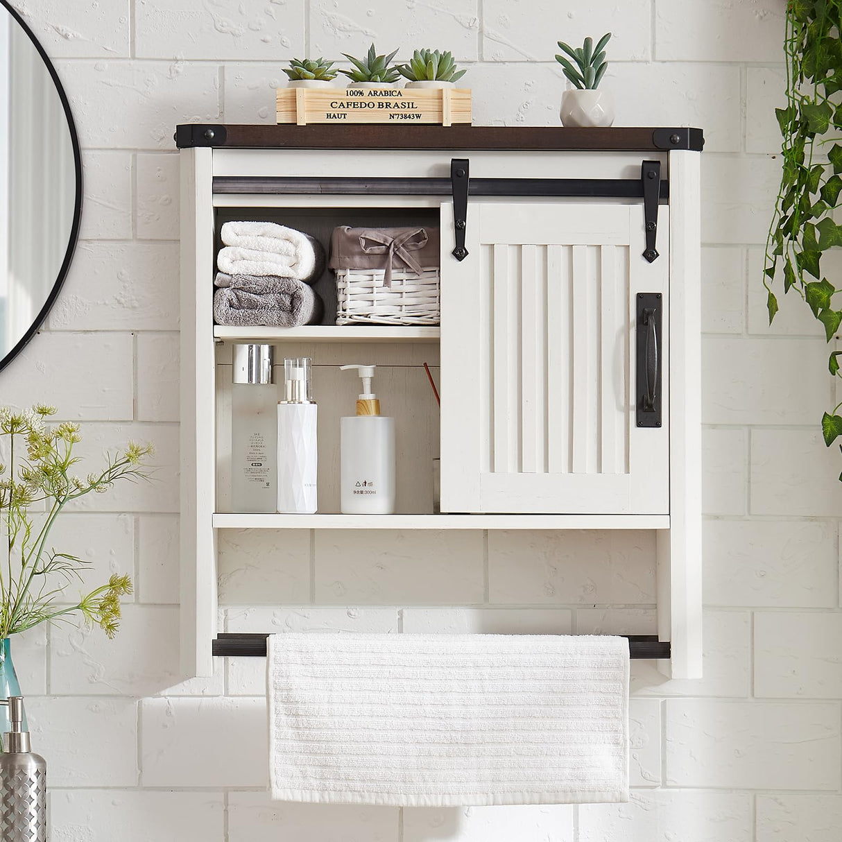 Bathroom Wall Cabinet, Farmhouse Medicine Cabinet with Sliding Barn Door & Adjustable Shelves, Wall Mounted Storage Cabinet for Toilet, Kitchen, Living Room (Antique White) Minifeel