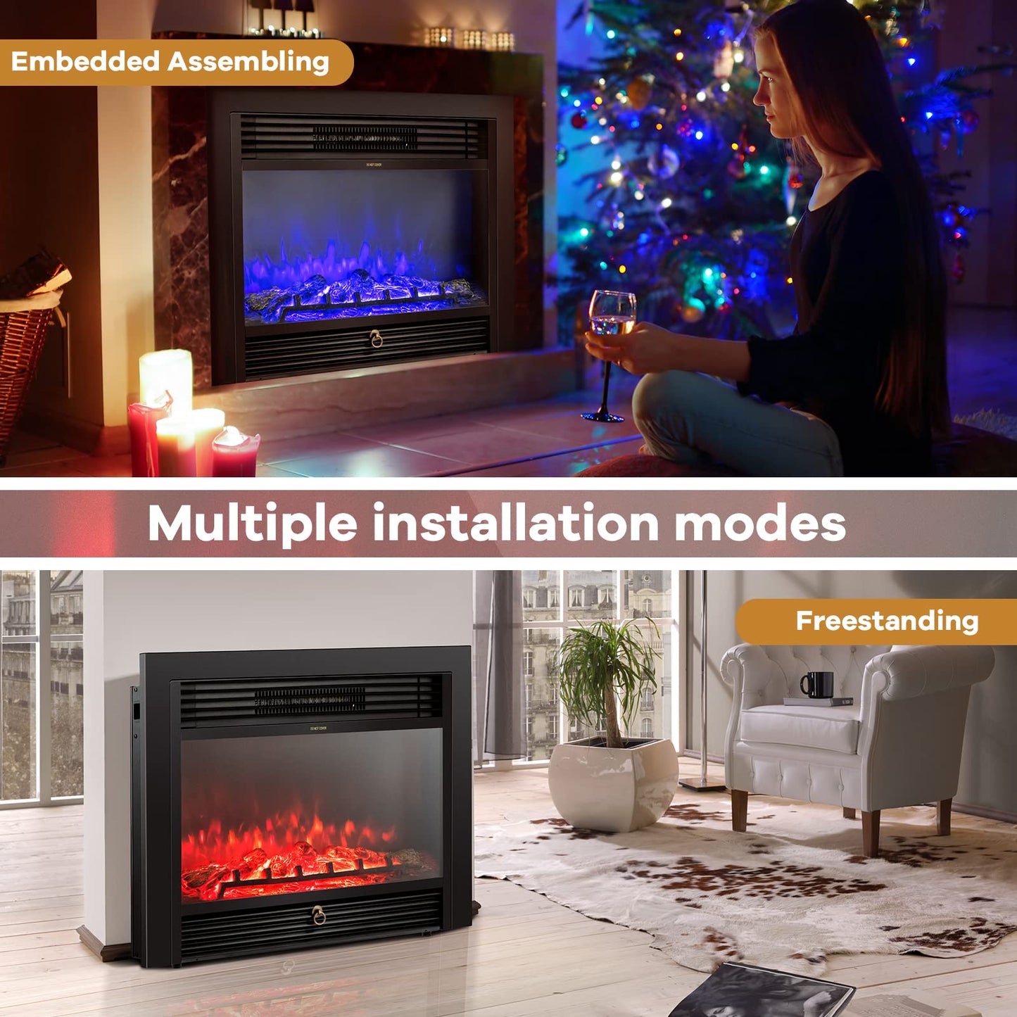 GLACER 28.5'' Electric Fireplace Insert, Recessed & Freestanding with Adjustable Flame Color Timer, Indoor Heater w/Remote Control (750W/1500W) Black…