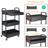 Calmootey 3-Tier Rolling Utility Cart with Drawer,Multifunctional Storage Organizer with Plastic Shelf & Metal Wheels,Storage Cart for Kitchen,Bathroom,Living Room,Office,Black Calmootey
