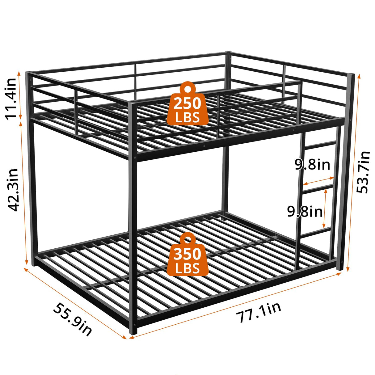 INCLAKE Full Over Full Bunk Bed, Heavy Duty Metal Bunk Bed Frame with Built-in Ladder and Safety Guard Rail, Low Bunk Bed for Teens Adults, Noisy Free & No Box Spring Needed, Black INCLAKE