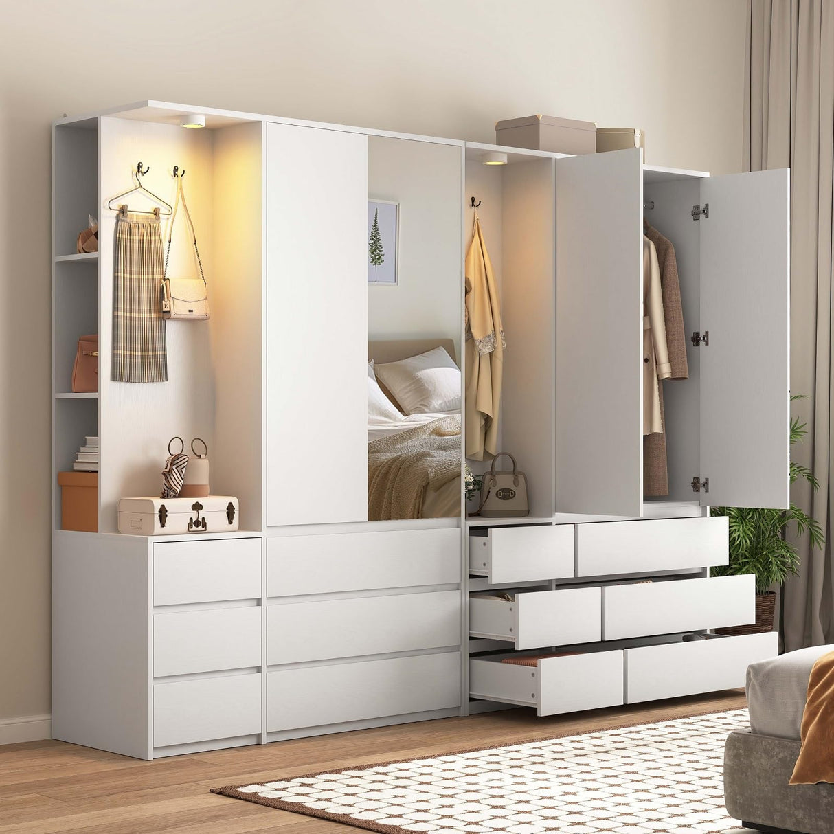 UZUGUL 72'' Armoire Wardrobe Closet with Mirror and 6 Drawers,Bedroom Armoire Wardrobe Cabinet with Hanging Rod and Light,Wooden Bedroom Closet with 3 Storage Shelf (White) UZUGUL