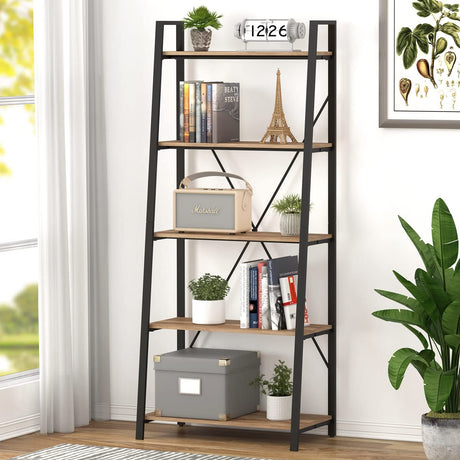 BON AUGURE Industrial 5 Tier Ladder Bookshelf, Wood and Metal Ladder Shelf Bookcase, Farmhouse Leaning Shelves for Living Room (Vintage Oak) BON AUGURE