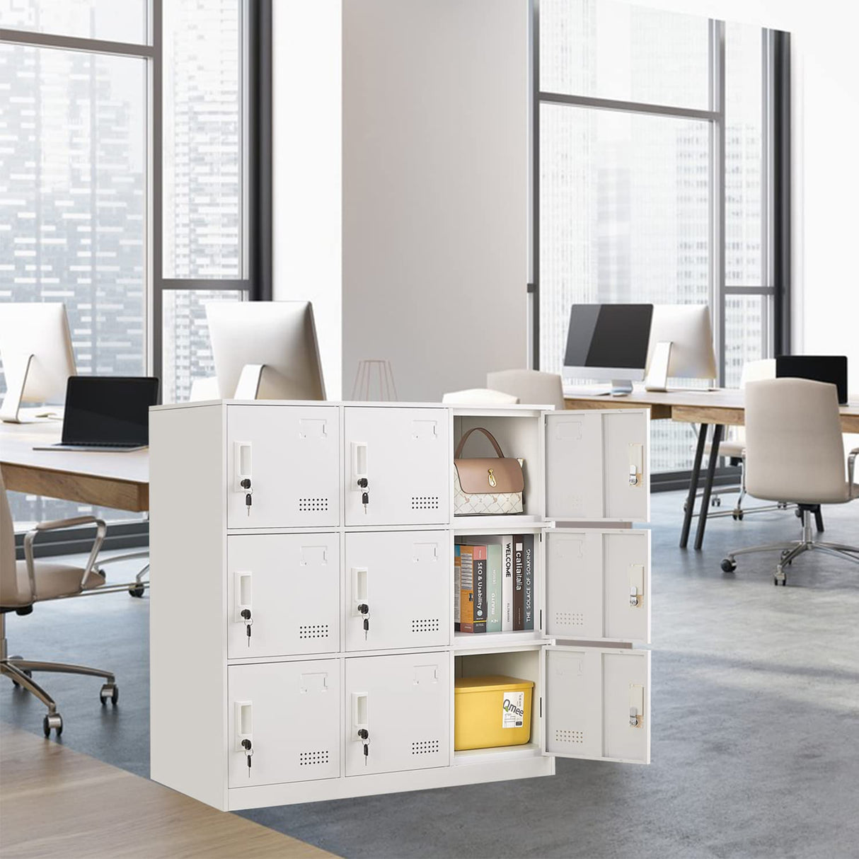 iCHENGGD Metal Locker 9 Door Storage Cabinet, Steel Storage Lockers for Employees, with Lock and Ventilation, Office School Gym Storage Organizer (White) iCHENGGD