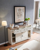 Kavonty Farmhouse Wine Bar Cabinet with Sliding Barn Door, Kitchen Coffee Bar Cabinet with Wine Rack, Storage Shelves, 3 Drawers, Large Buffet Sideboard for Dining Room, Antique White Kavonty