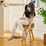 LGENHOOM Handwoven Outdoor Ottoman, Water Hyacinth Pouf Round Patio Footstool with Wood Legs, 17-Inch Multipurpose Vanity Stool, Dining Chair, Patio Footrest for Balcony and Garden, White LGENHOOM