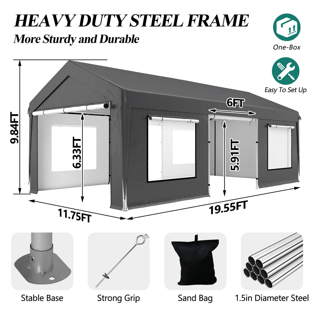 GARTOO Upgrade 12' x 20' Heavy Duty Carport - Extra Large Outdoor Shelter with Roll-up Ventilated Windows & Side Doors, Portable Garage for Car Truck Auto Motorcycle Boat Outdoor Events Party, Gray GARTOO