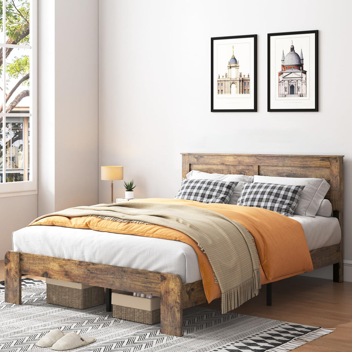 YHJIV Wood King Bed Frame with Headboard, Rustic Farmhouse Platform Bed Frame with 12 Wood Slats Support, No Box Spring Needed, Easy Assembly (Vintage Brown, King) YHJIV