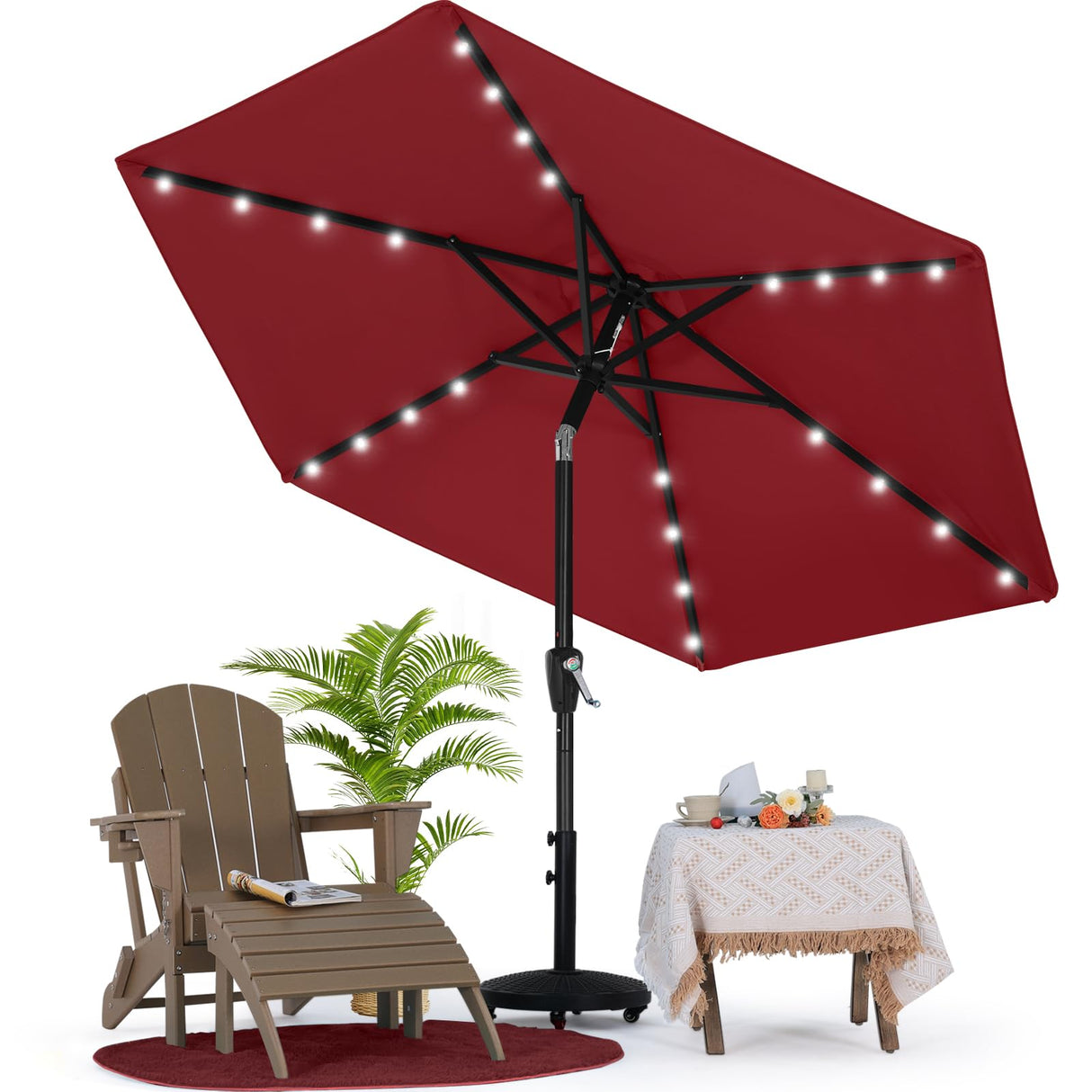 MASTERCANOPY Patio Umbrella with 32 Solar LED Lights for Outdoor Market Table -8 Ribs(7.5ft,Burgundy) MASTERCANOPY
