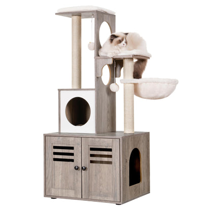 Heybly Cat tree, Wood Litter Box Enclosure with Food Station, All-in-one Indoor Cat Furniture with Large Platform and Condo, Modern Style Cat Tower, Hammock, Rustic Brown HCT103SG - WoodArtSupply