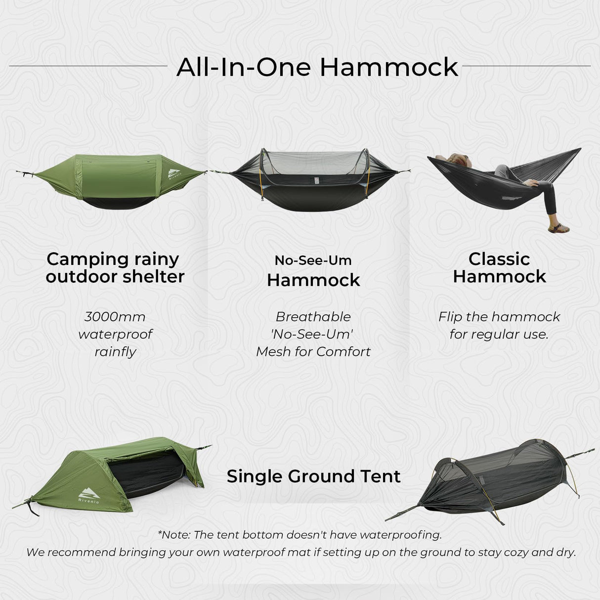 Rivenlo Camping Hammock Tent with Mosquito Net & RainFly, 3 in 1 Waterproof Lightweight Portable Sleeping Hammock Bug Backpacker Travel Outdoor Gear with Tree Strap Swing, for Hiking Patio Expedition Rivenlo