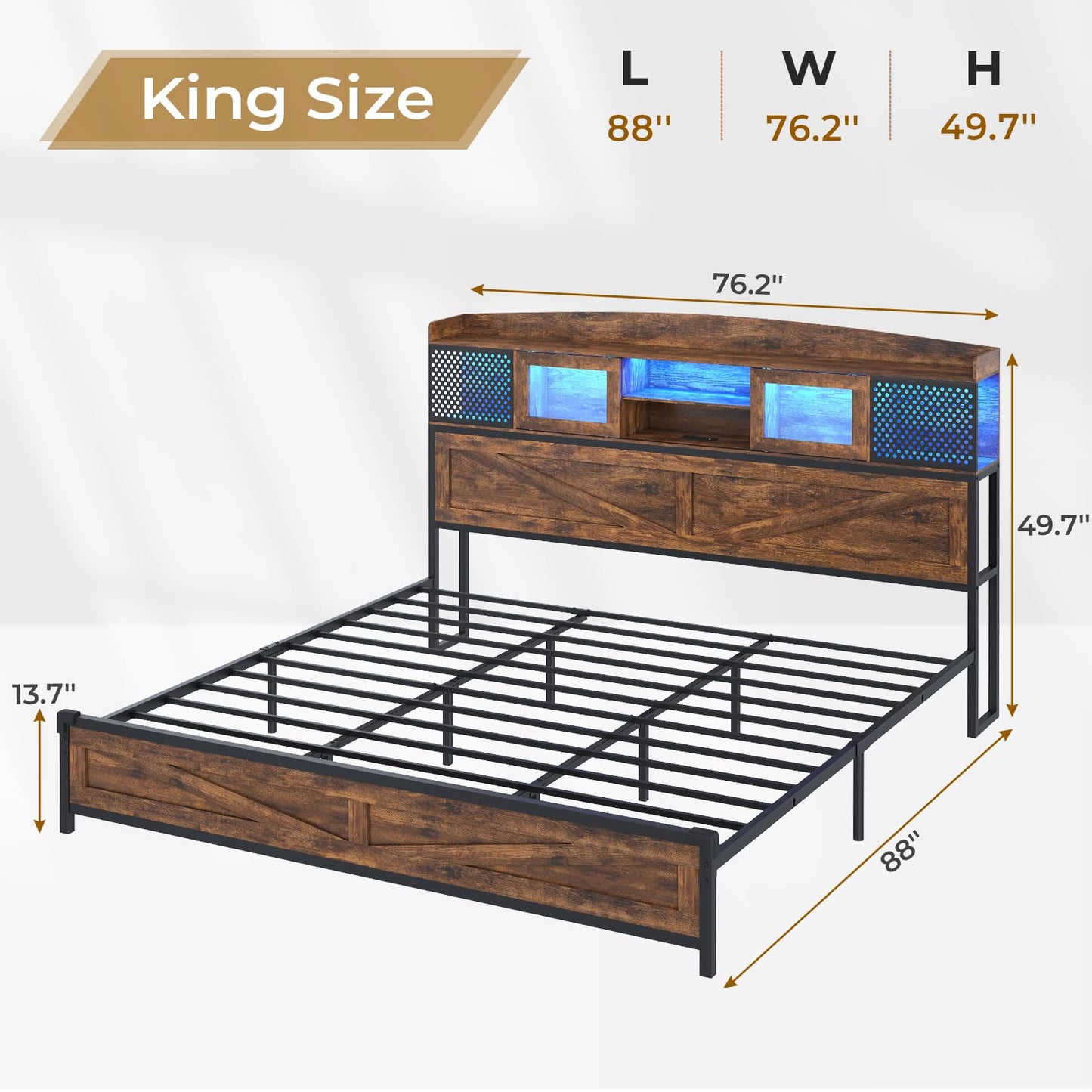 BTHFST King Size Bed Frame with Charging Station, LED Bed Frame King Size with Shelf Headboard, Farmhouse King Platform Bed Frame with Sliding Doors & Metal Slats Support, Noise-Free, Rustic Brown