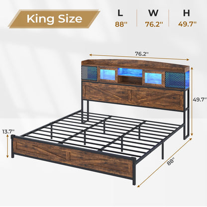 BTHFST King Size Bed Frame with Charging Station, LED Bed Frame King Size with Shelf Headboard, Farmhouse King Platform Bed Frame with Sliding Doors & Metal Slats Support, Noise-Free, Rustic Brown