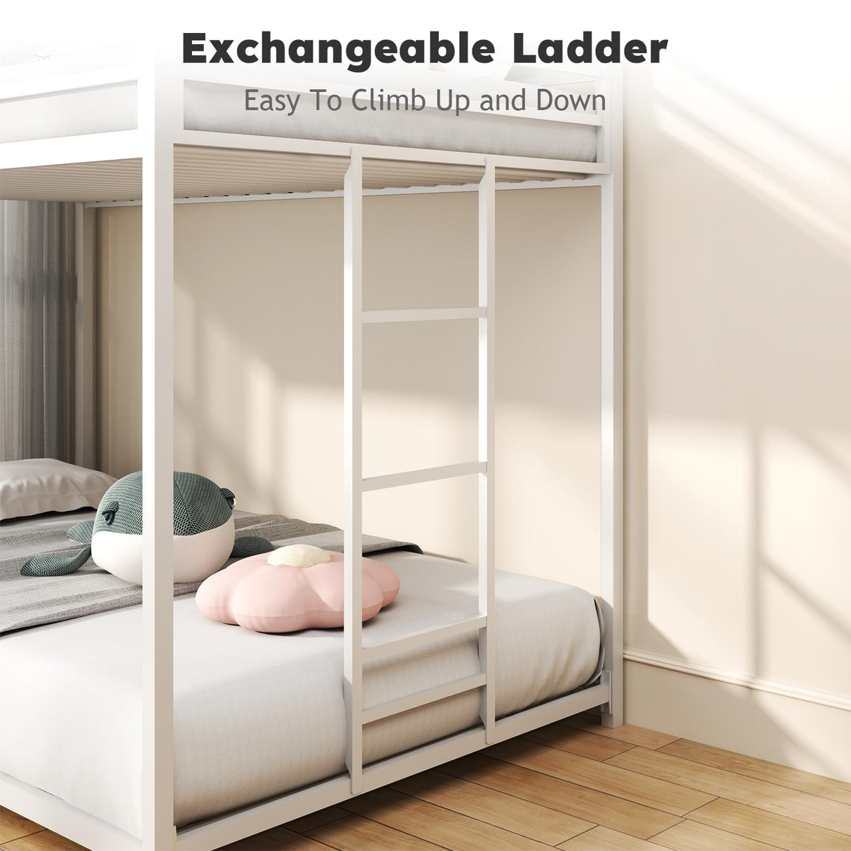 Zevemomo Twin Over Twin Bunk Bed, Metal Low Profile Bunkbeds with Full-Length Guardrail and Ladder, Space Saving, No Boxing Spring Needed, White Zevemomo