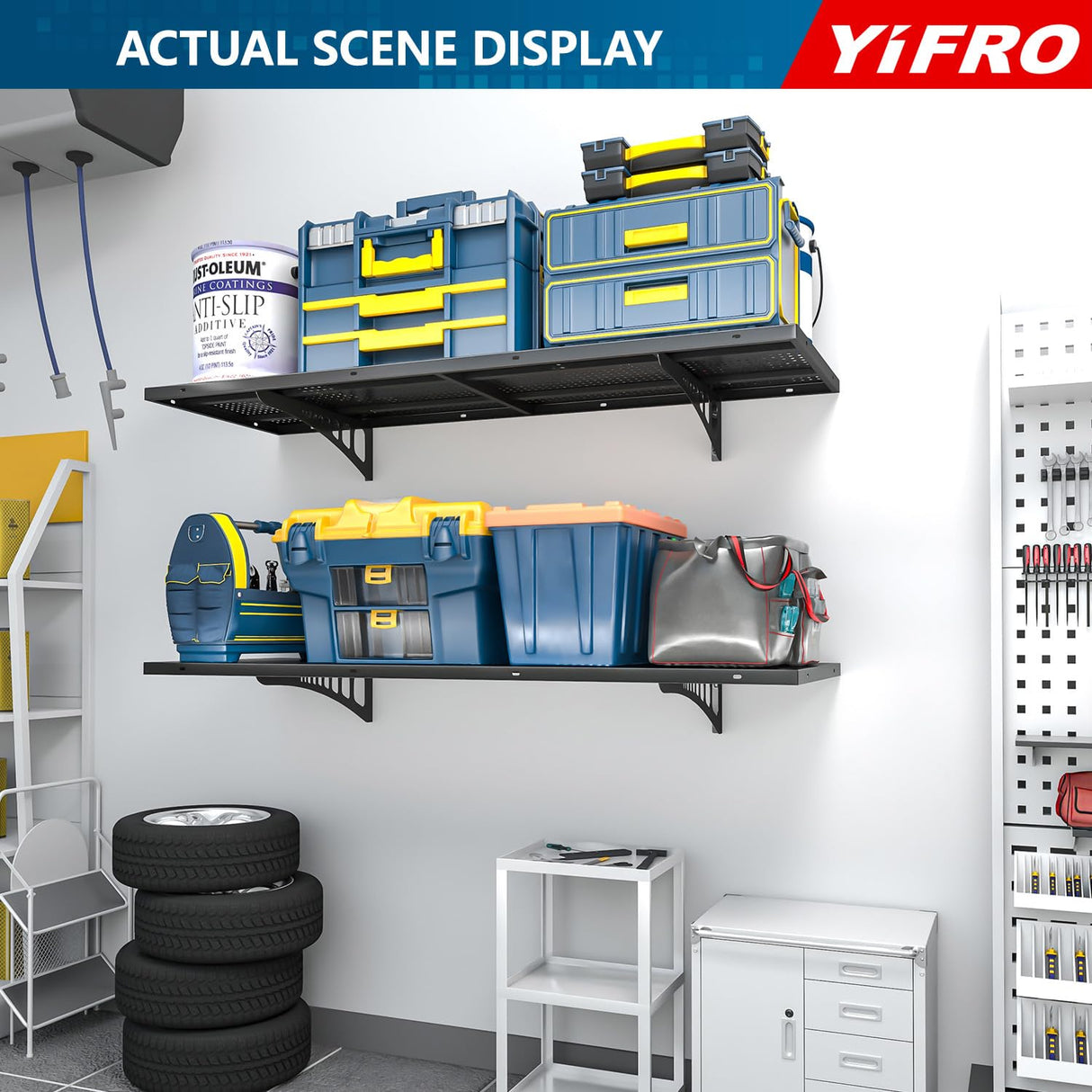 YIFRO 2-Pack 1.5x4ft Heavy Duty Garage Wall Shelving, 500 lbs Load Capacity, Garage Shelving Wall Mounted, Garage Storage Rack with Hooks, Black YIFRO