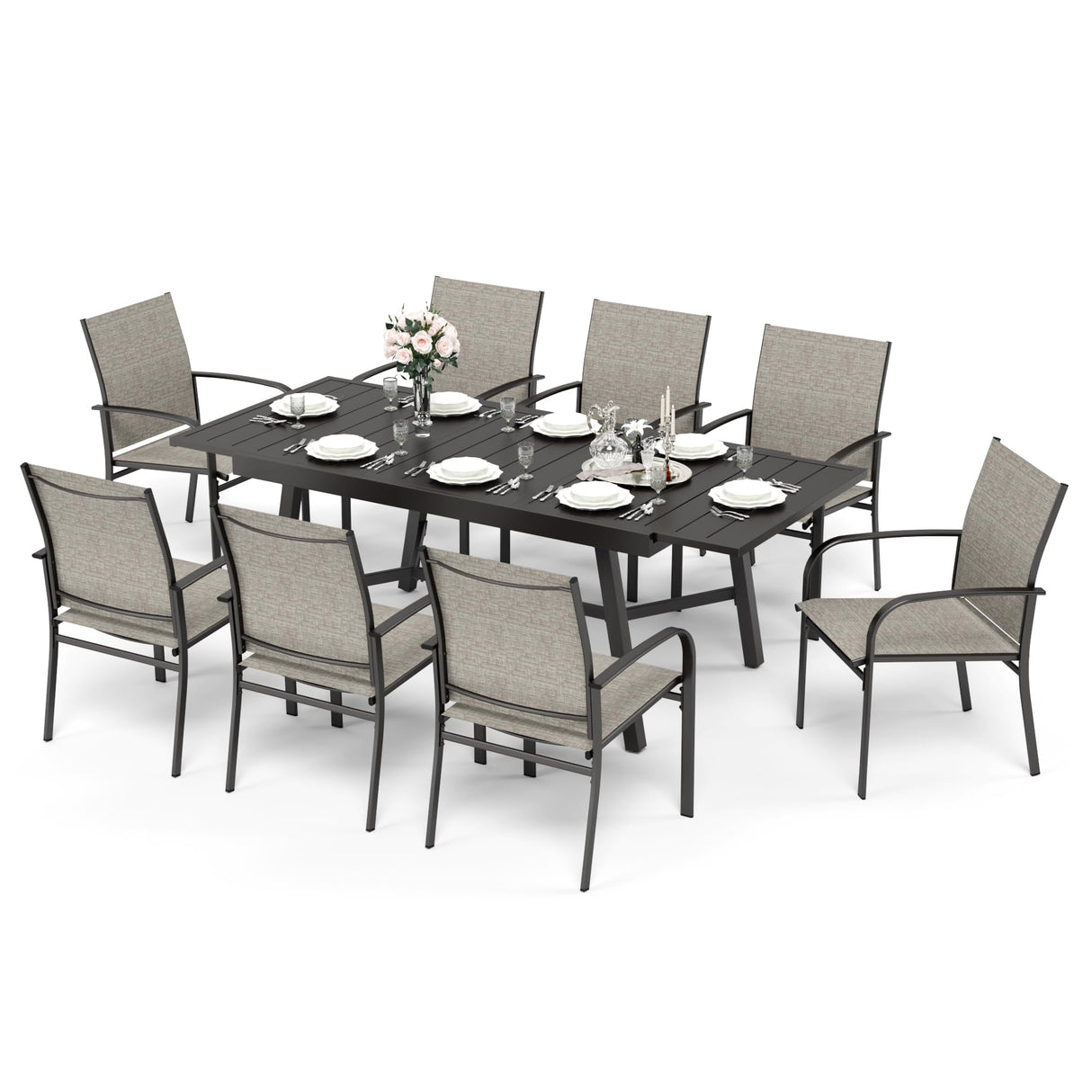 HERA'S HOUSE Extendable Patio Table and Chairs Set for 8, 9 Pieces Outdoor Dining Sets, 61"-84" Rectangular Metal Table with Chairs for Deck Lawn Garden Porch HERA'S HOUSE