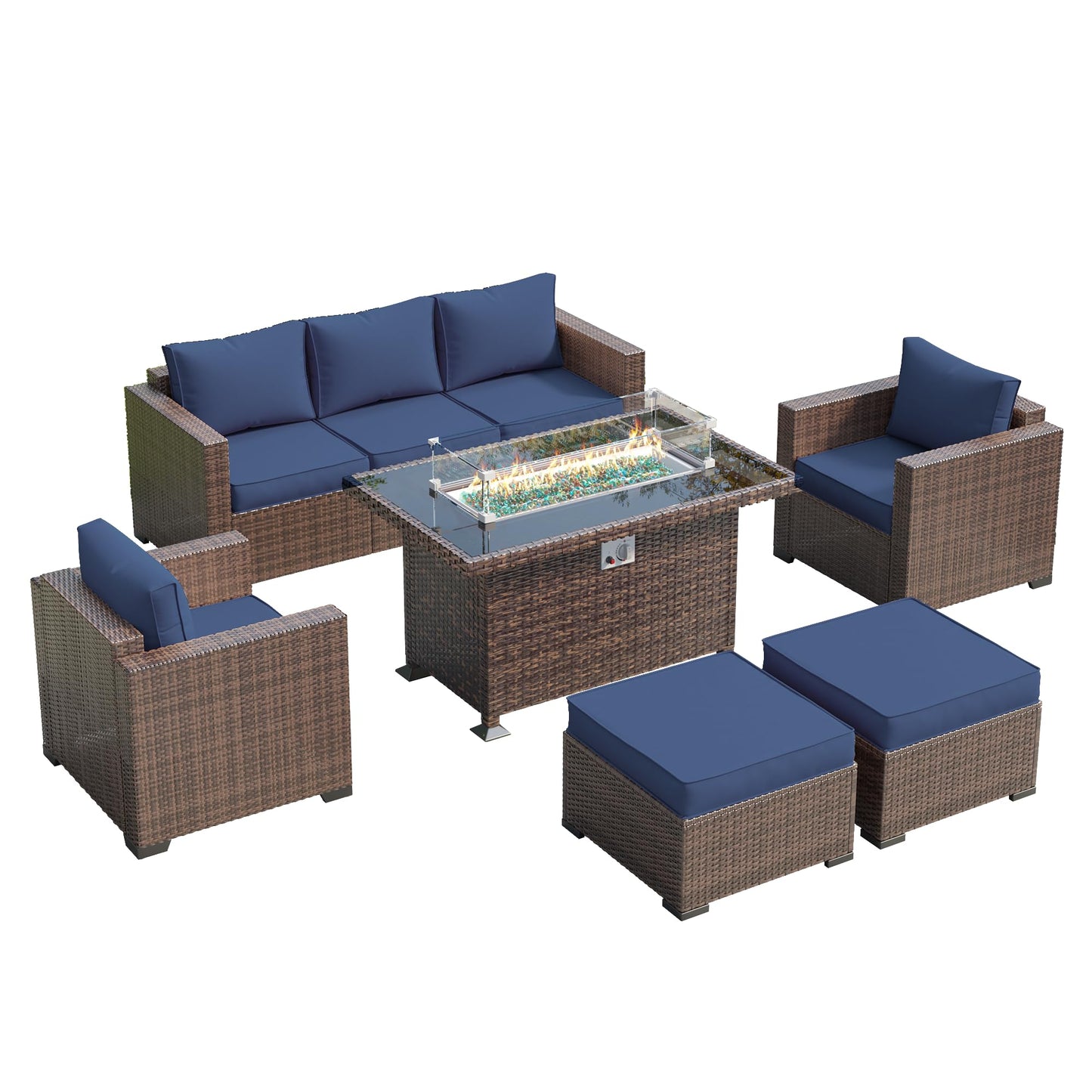 Amopatio Outdoor Patio Furniture Sets, 8 Pieces Wicker Patio Furniture, Outdoor Sectional Patio Couch Set with Ottoman, Outdoor Conversation Set with 44" Gas Fire Pit (Navy Blue)