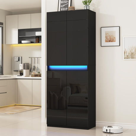 Furnify 71" Tall Pantry Storage Cabinet, Kitchen Pantry with High Gloss Doors, Modern Buffet Hutch Cabinet with Led Light and Adjustable Shelves for Dining Room, Living Room, Black Furnify