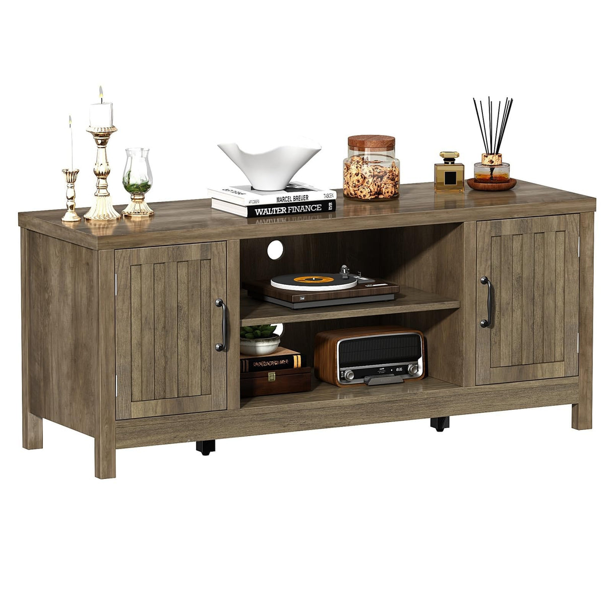 ChooChoo Farmhouse TV Stand, Wood Fluted Door Entertainment Center with Storage Cabinets and Open Shelves, Rustic Media Console up to 55 inches for Living Room, Bedroom, Grey Wash ChooChoo