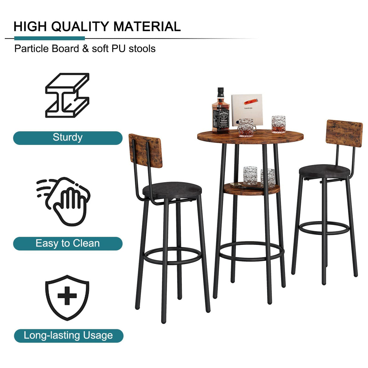 Industrial 3-Piece Bar Table Set with Stools - 2-Tier Round Pub Bistro Dining for Small Spaces CALABASH