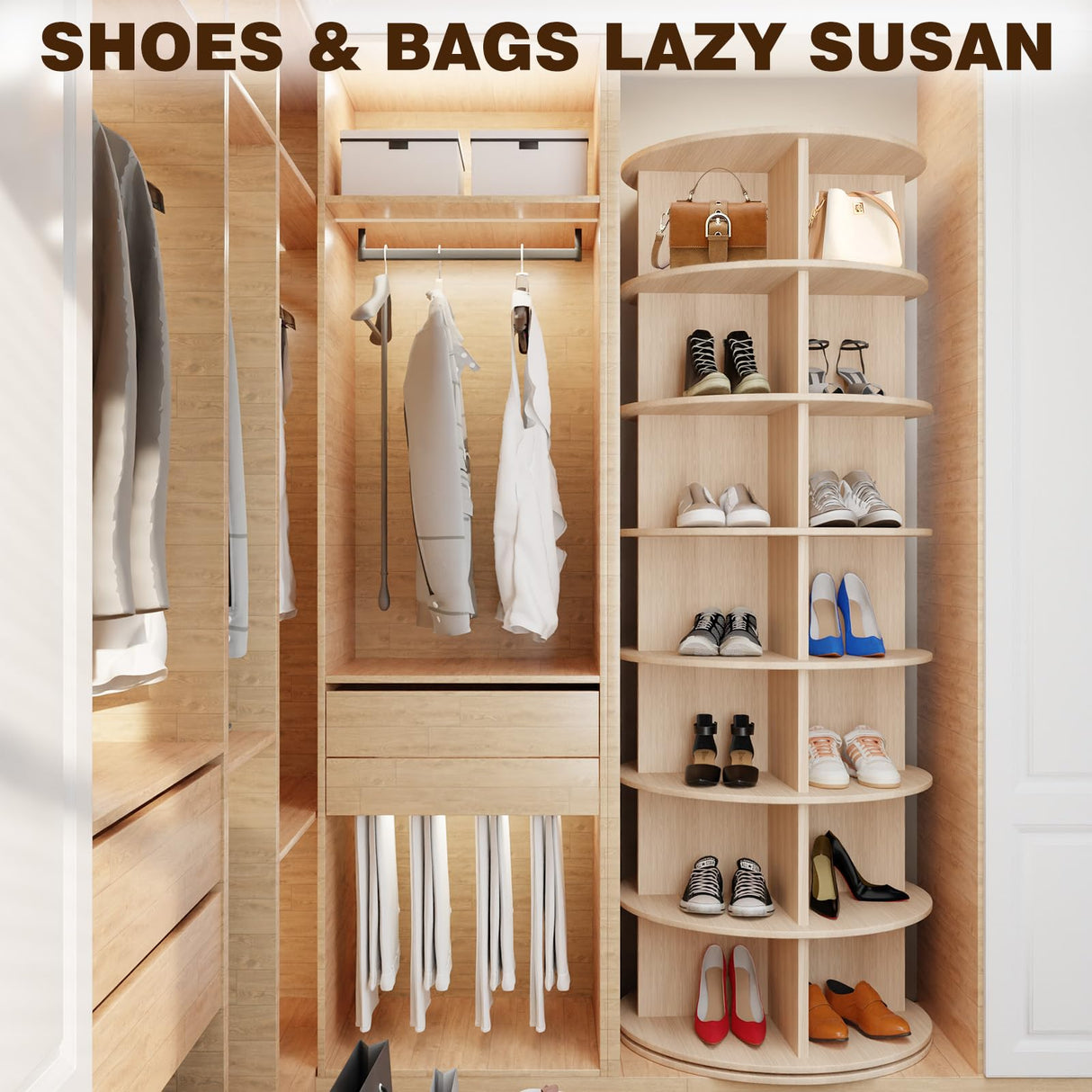 TOCRETOARE Rotating Shoe Rack Tower, 7-Tier Solid Pine Wood Spinning Shoe Display 360° Lazy Susan Shoe Rack, Revolving Shoe Stand, Shoe Rotating Organizer for Closet Shoes and Handbags TOCRETOARE